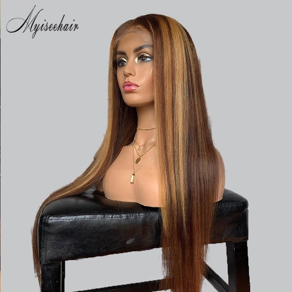 MYISEEHAIR BROWN COLOR HIGHLIGHTS STRAIGHT 13x4 GLUELESS LACE FRONT WIG ISEE21