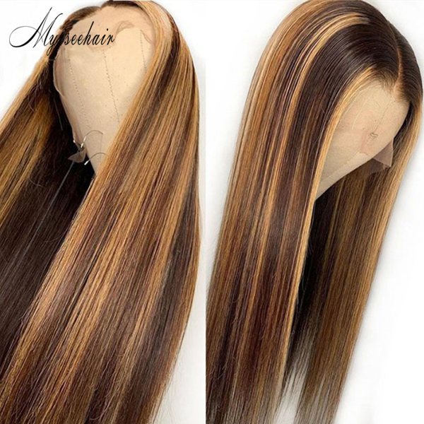 MYISEEHAIR BROWN COLOR HIGHLIGHTS STRAIGHT 13x4 GLUELESS LACE FRONT WIG ISEE21
