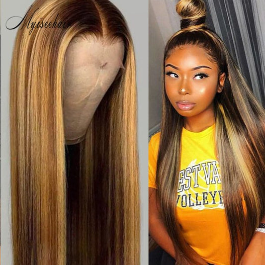 MYISEEHAIR BROWN COLOR HIGHLIGHTS STRAIGHT 13x4 GLUELESS LACE FRONT WIG ISEE21