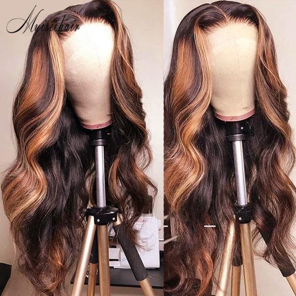 MYISEEHAIR Brown Highlight Blonde Color Wavy Lace Front Wig For Women ISEE43
