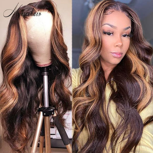 MYISEEHAIR Brown Highlight Blonde Color Wavy Lace Front Wig For Women ISEE43