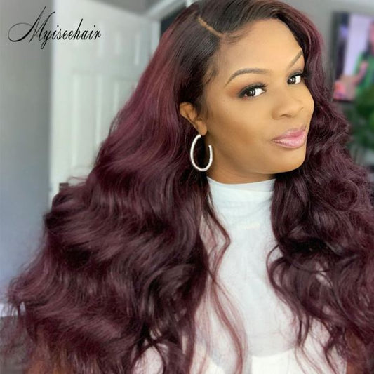 MYISEEHAIR Burgendy Red Wine Color Natural Wavy 136 Lace Front Wig ISEE33