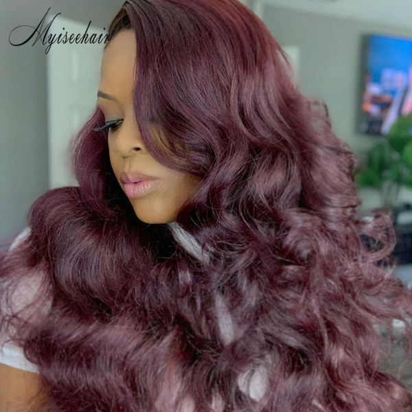 MYISEEHAIR Burgendy Red Wine Color Natural Wavy 136 Lace Front Wig ISEE33