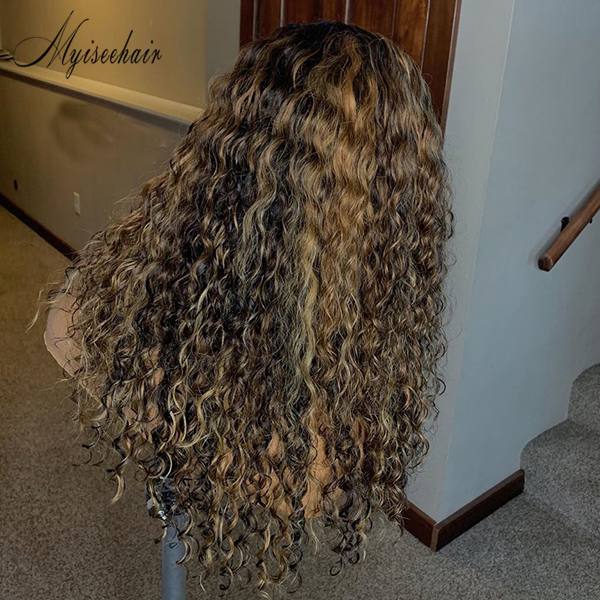 MYISEEHAIR HIGHLIGHTS CURLY HUMAN HAIR 13*6 LACE FRONT WIG WITH FAKE SCALP ISEE23