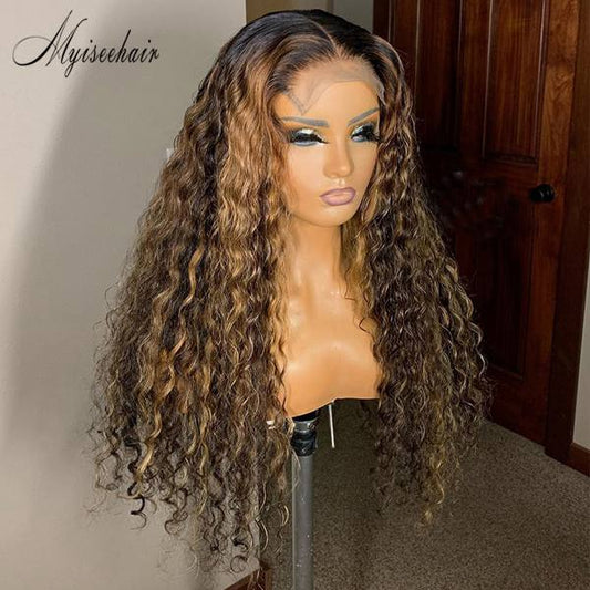 MYISEEHAIR HIGHLIGHTS CURLY HUMAN HAIR 13*6 LACE FRONT WIG WITH FAKE SCALP ISEE23