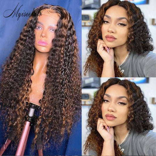 MYISEEHAIR OMBRE HIGHLIGHT BROWN COLOR CURLY 134 LACE FRONT HUMAN HAIR WIG ISEE24