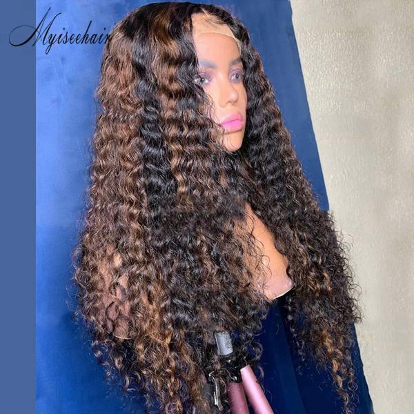 MYISEEHAIR OMBRE HIGHLIGHT BROWN COLOR CURLY 134 LACE FRONT HUMAN HAIR WIG ISEE24
