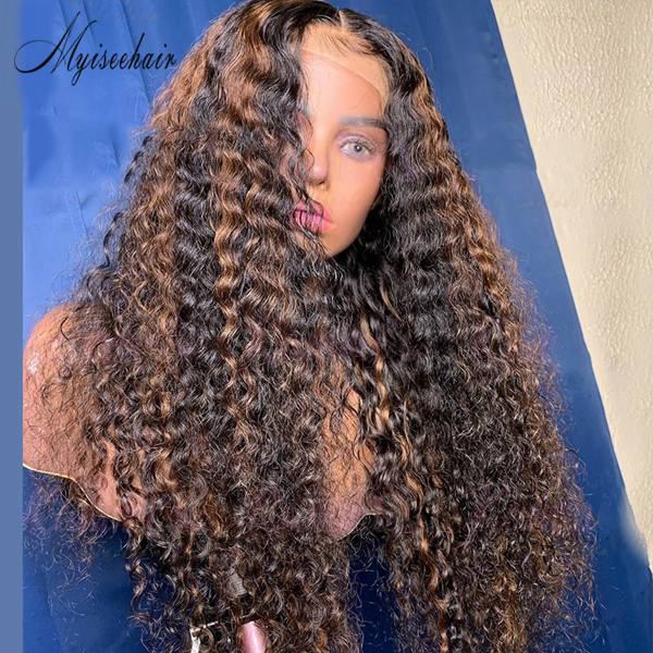 MYISEEHAIR OMBRE HIGHLIGHT BROWN COLOR CURLY 134 LACE FRONT HUMAN HAIR WIG ISEE24