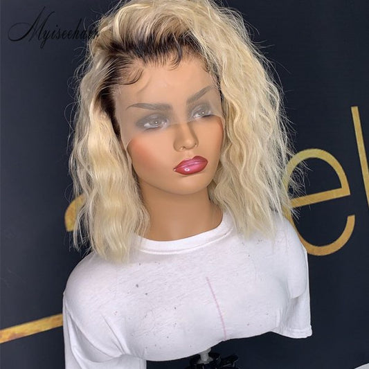 MYISEEHAIR Dark Roots 613 Blonde Color 150% Density Deep Wave Lace Front Wig ISEE46