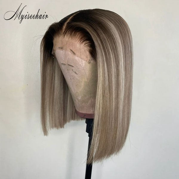 MYISEEHAIR Ombre Highlight Ash Blonde Middle Part Bob Cut Lace Front Wig ISEE34 
