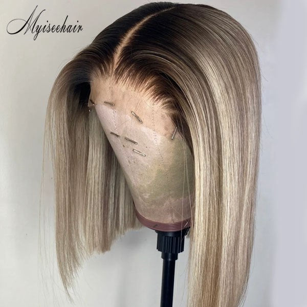 MYISEEHAIR Ombre Highlight Ash Blonde Middle Part Bob Cut Lace Front Wig ISEE34 