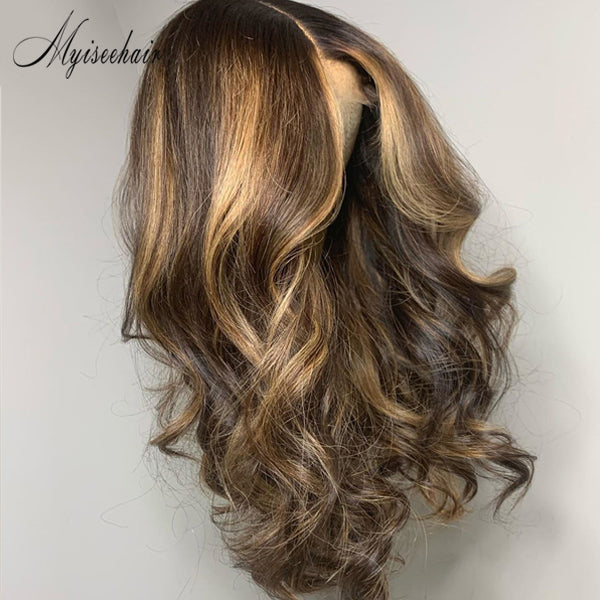 MYISEEHAIR  RENA LACE FRONT HIGHLIGHT COLOR WIG HUMAN HAIR BROWN STREAKS ISEE04