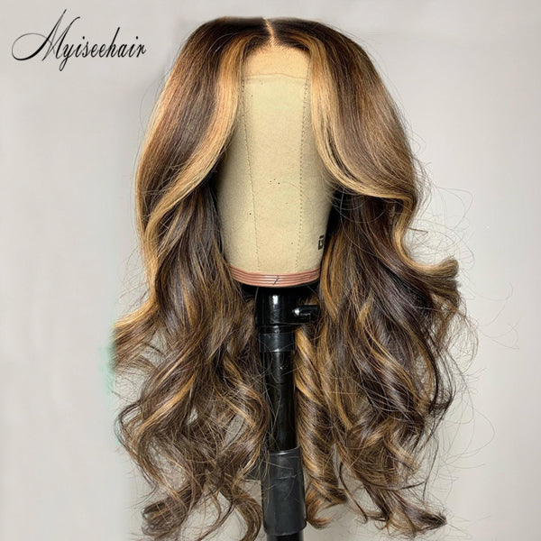 MYISEEHAIR  RENA LACE FRONT HIGHLIGHT COLOR WIG HUMAN HAIR BROWN STREAKS ISEE04