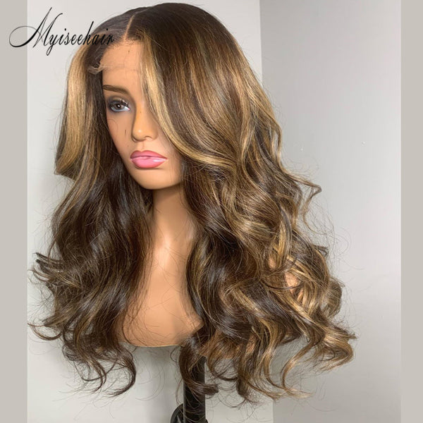 MYISEEHAIR  RENA LACE FRONT HIGHLIGHT COLOR WIG HUMAN HAIR BROWN STREAKS ISEE04