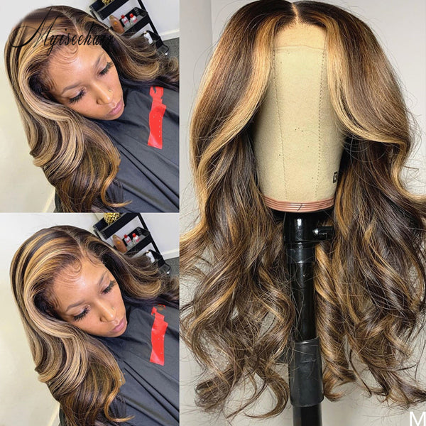 MYISEEHAIR  RENA LACE FRONT HIGHLIGHT COLOR WIG HUMAN HAIR BROWN STREAKS ISEE04