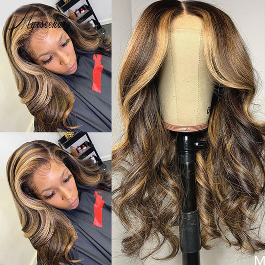 MYISEEHAIR  RENA LACE FRONT HIGHLIGHT COLOR WIG HUMAN HAIR BROWN STREAKS ISEE04