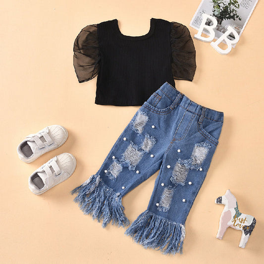 Mesh Stitching Ripped Raw Edge Jeans Children's Suit L201