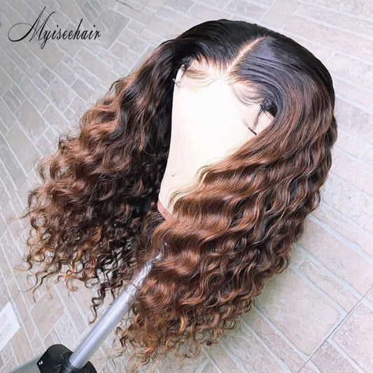 Myiseehair Deep Wave Highlight Chestnut Brown Color Human Hair Lace Front Wig ISEE40
