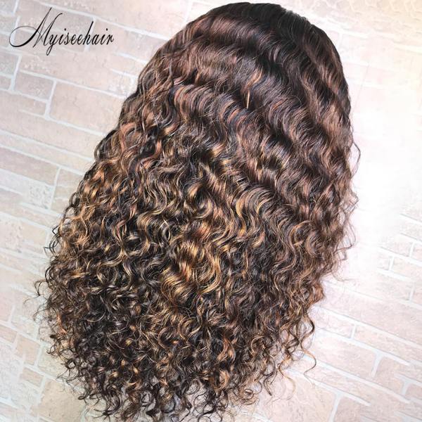 Myiseehair Deep Wave Highlight Chestnut Brown Color Human Hair Lace Front Wig ISEE40