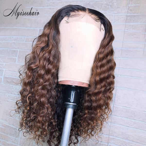 Myiseehair Deep Wave Highlight Chestnut Brown Color Human Hair Lace Front Wig ISEE40