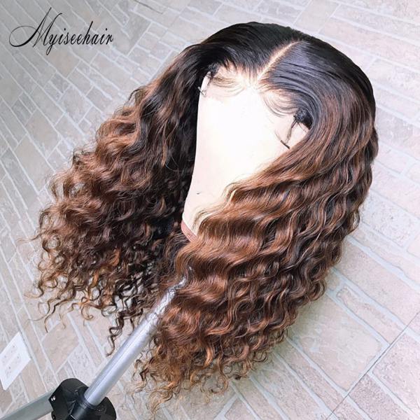 Myiseehair Deep Wave Highlight Chestnut Brown Color Human Hair Lace Front Wig ISEE40