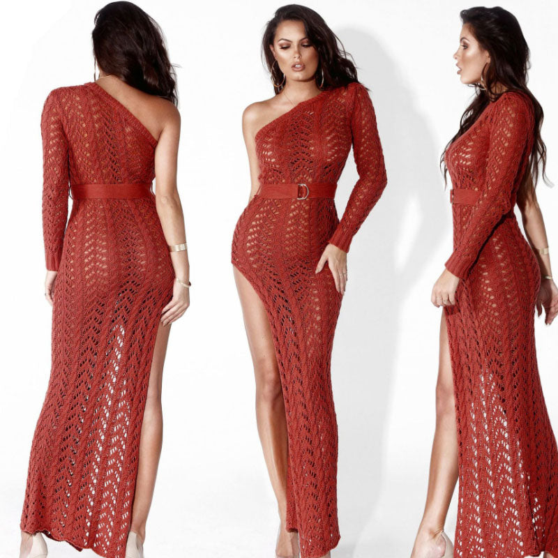  Off Shoulder Cutout Dress High Slit Knit Beach Long Dress L125 