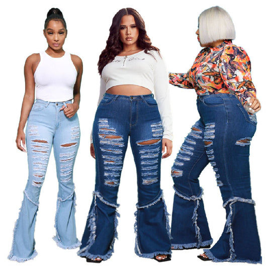 Plus Size Jeans Washed Ripped Tassels L141