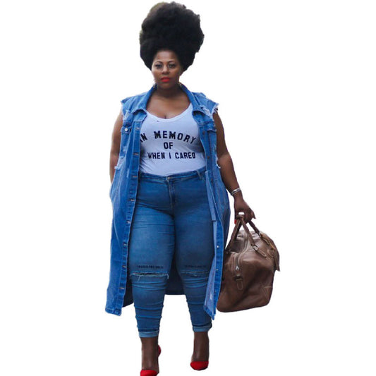 Plus Size Mid Length Denim Large Vest Over Knee Vest Loose Jacket L142
