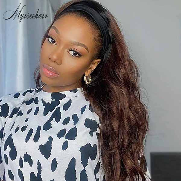 T1B#4 Color Best Virgin Human Hair Headband Wavy Wig ISEE107