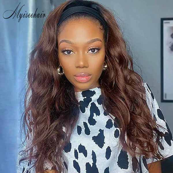 T1B#4 Color Best Virgin Human Hair Headband Wavy Wig ISEE107