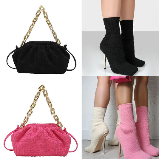 Women Purses & Knitted Socks High Heel Boots L235