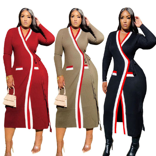 Women's Casual Ribbed Webbing Panel Long Sleeve Long Jacket L176