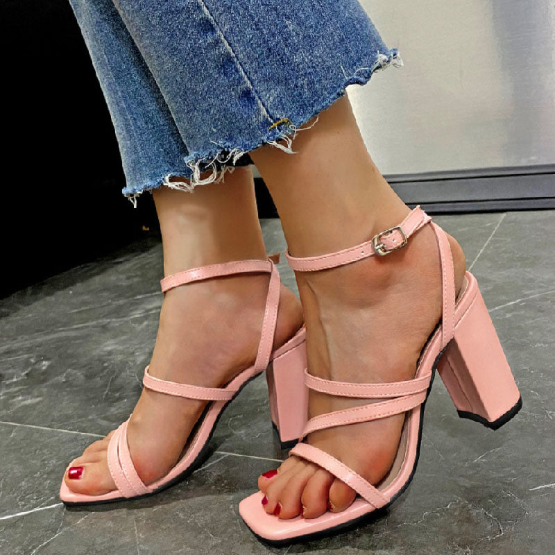 Women's Chunky Heel Square Toe High Heel Sandals L195