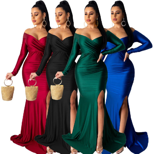 Women's Dress V Neck Dress Solid Color Large Slit Long Dress L145