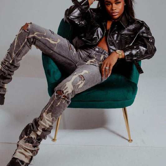 Women's Ripped Straight High Waist Washed White Slim Jeans L175