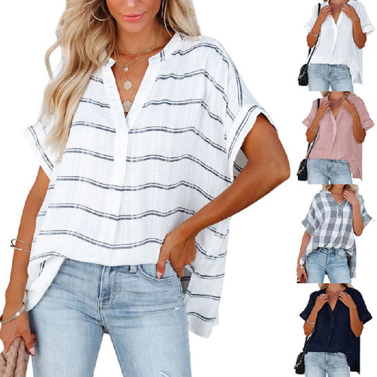Women's Summer New Short-sleeved Thin Loose V-neck Shirt L210
